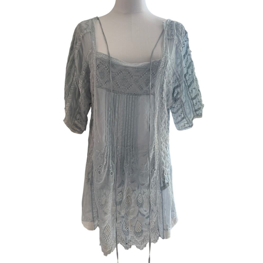 Love & Liberty Johnny Was Blue Silk Embroidered Eyelet Lace Sheer Tunic Medium
